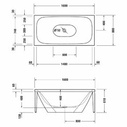 Duravit XViu Badewanne Rechteck 160 X 80cm, Mit 2 Rückenschrägen, Freistehend