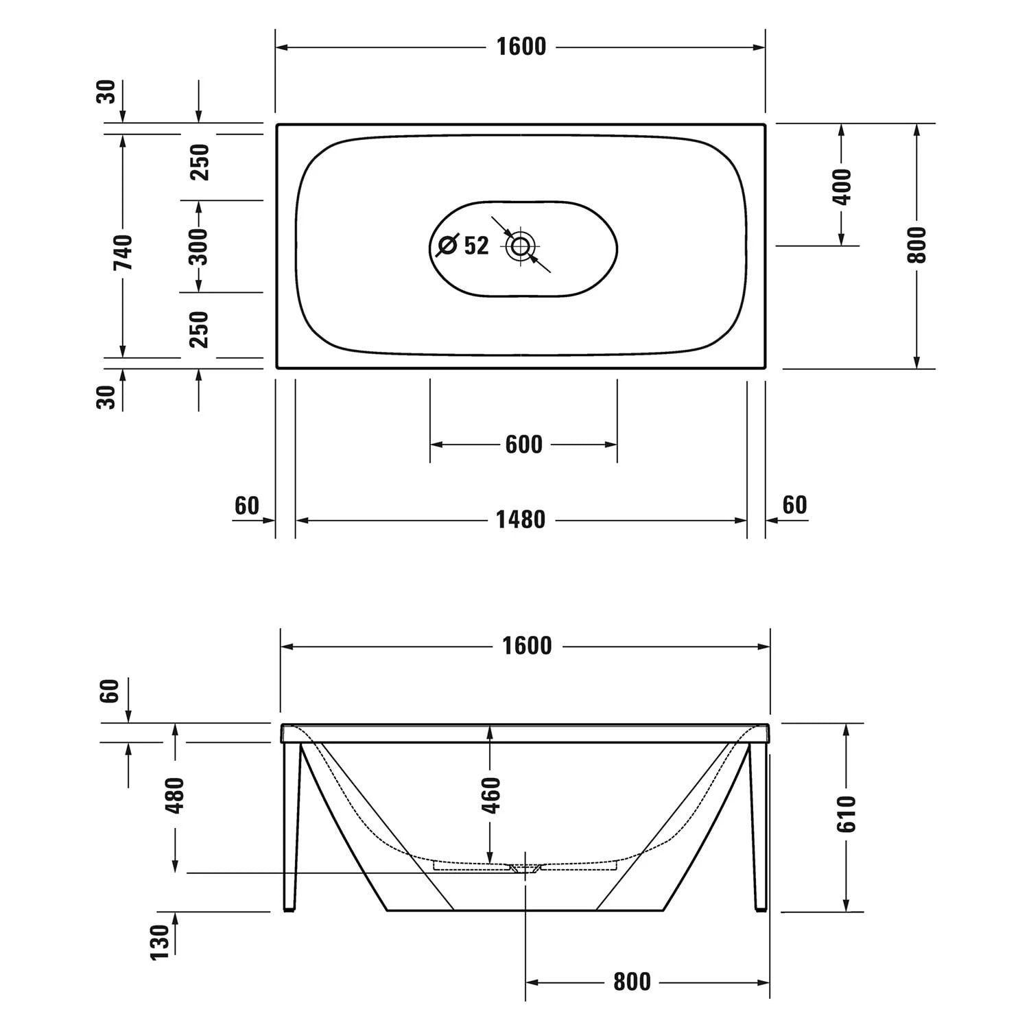 Duravit XViu Badewanne Rechteck 160 X 80cm, Mit 2 Rückenschrägen, Freistehend 3 Duravit XViu Badewanne Rechteck 160 X 80cm, Mit 2 Rückenschrägen, Freistehend