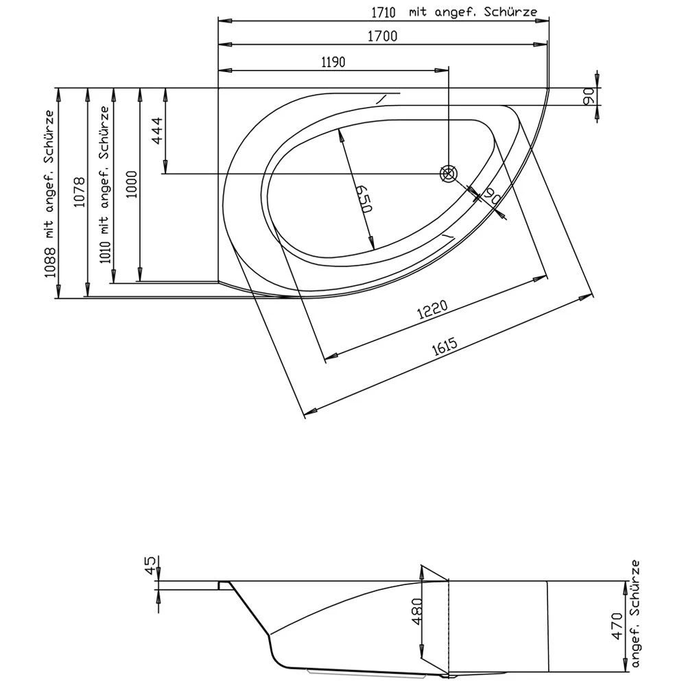 Hoesch Spectra Eck-Badewanne 170 X 100 Cm Linke Ausführung Mit Angeformter Schürze 3 Hoesch Spectra Eck-Badewanne 170 X 100 Cm Linke Ausführung Mit Angeformter Schürze