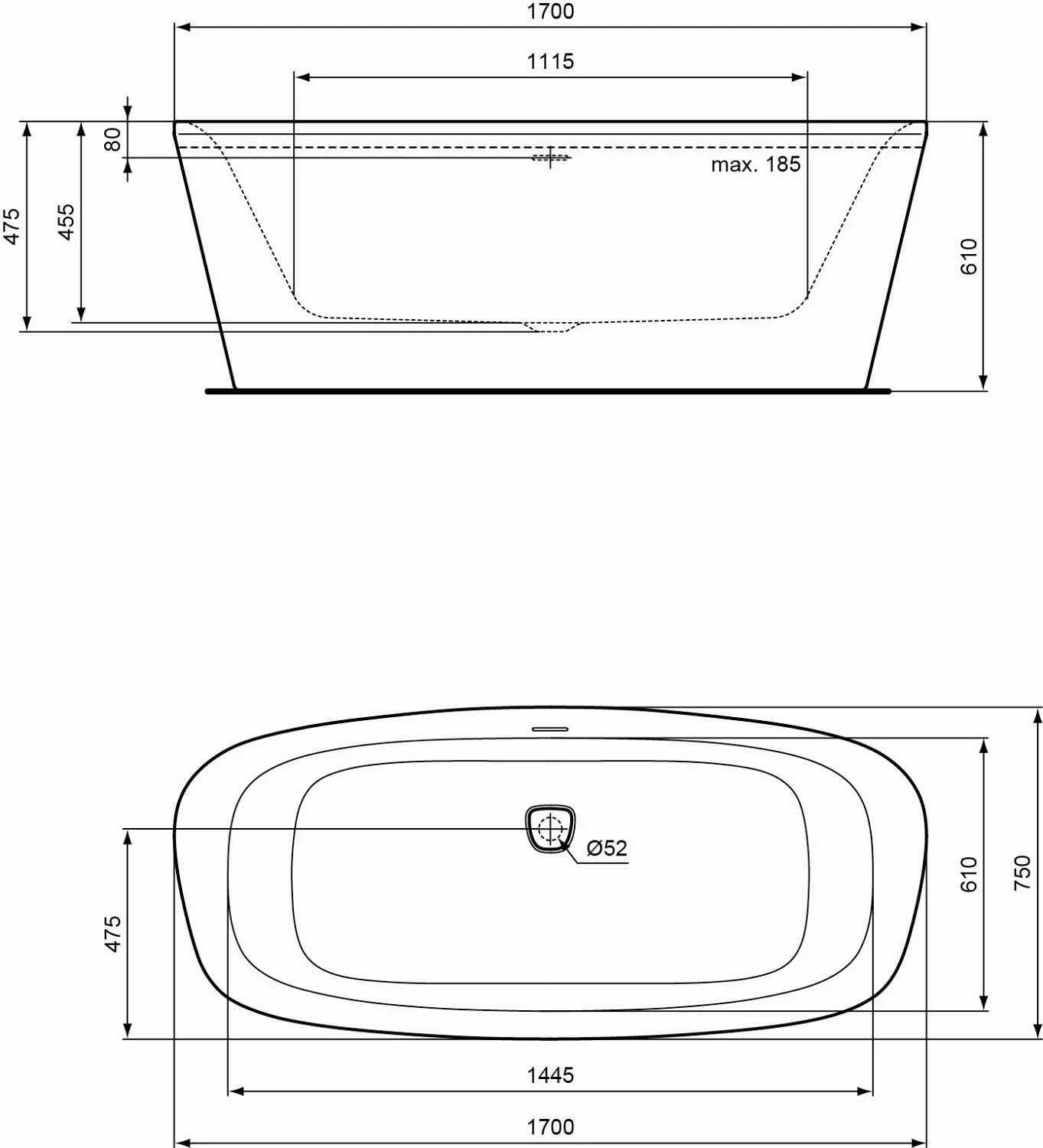 Ideal Standard Dea Freistehende Körperform-Badewanne 170 X 75 Cm, Inkl. Ab- Und Überlauflaufgarnitur 4 Ideal Standard Dea Freistehende Körperform-Badewanne 170 X 75 Cm, Inkl. Ab- Und Überlauflaufgarnitur – Bild 2