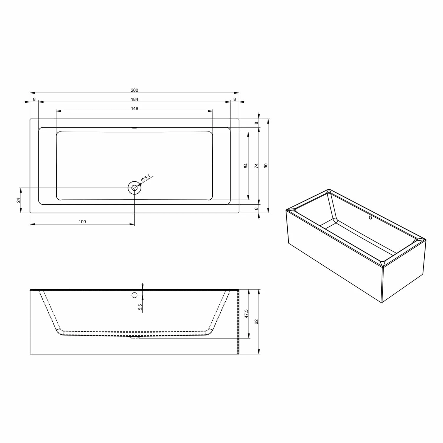 Riho Lugo Rechteck-Badewanne 160 X 70 Cm 5 Riho Lugo Rechteck-Badewanne 160 X 70 Cm – Bild 3