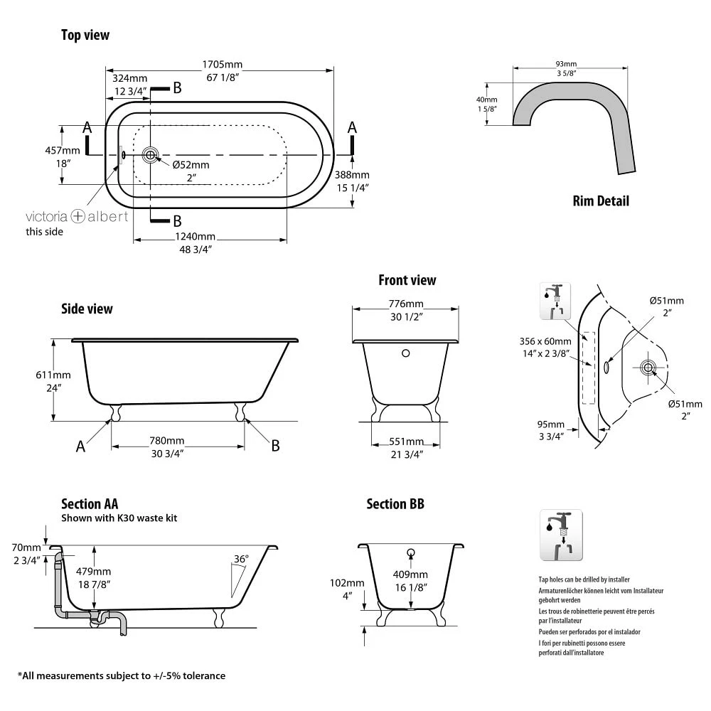 Victoria & Albert Hampshire Freistehende Badewanne, Füße Messing Poliert 3 Victoria & Albert Hampshire Freistehende Badewanne, Füße Messing Poliert