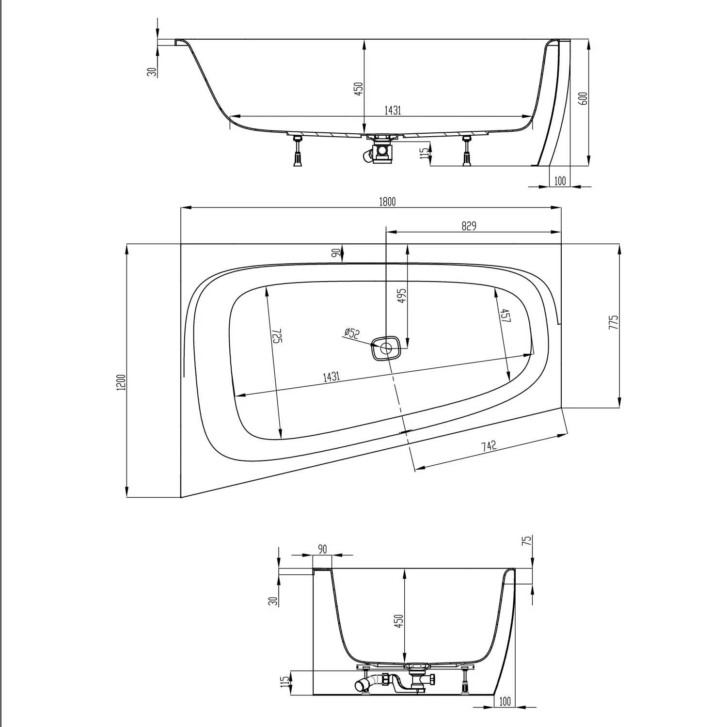 Hoesch ISensi Monoblock-Badewanne Rechts 180 X 120 Cm Mit Überlaufschlitz Und Überlaufgarnitur (Klick / Klack) 3 Hoesch ISensi Monoblock-Badewanne Rechts 180 X 120 Cm Mit Überlaufschlitz Und Überlaufgarnitur (Klick / Klack)